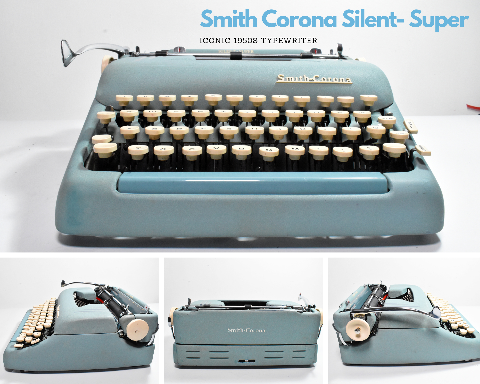 1957 Smith Corona Silent-Super Typewriter - Teal, Alpine Blue